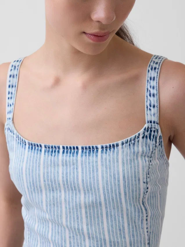 Ultra Yumuşak Denim Çizgili Düşük Bel Mini Elbise