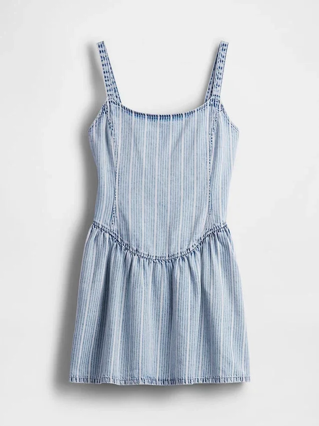Ultra Yumuşak Denim Çizgili Düşük Bel Mini Elbise