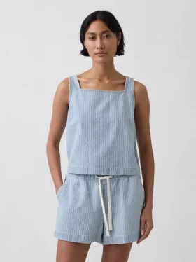 Ultra Yumuşak Denim Çizgili Kısa Şortlu Tank Top