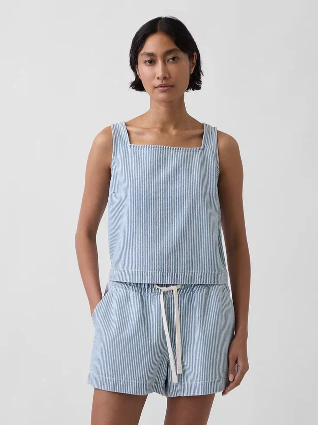 Ultra Yumuşak Denim Çizgili Kısa Şortlu Tank Top