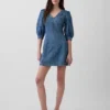 Ultra Yumuşak Denim Kabarık Kollu Mini Elbise