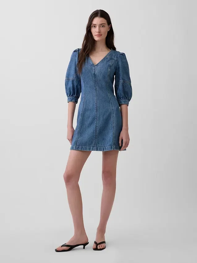 Ultra Yumuşak Denim Kabarık Kollu Mini Elbise