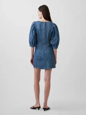 Ultra Yumuşak Denim Kabarık Kollu Mini Elbise