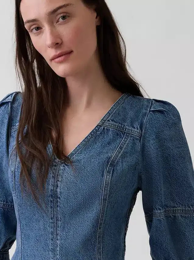 Ultra Yumuşak Denim Kabarık Kollu Mini Elbise