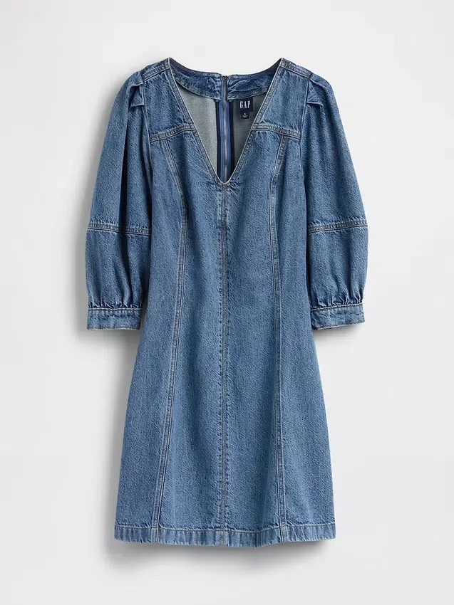 Ultra Yumuşak Denim Kabarık Kollu Mini Elbise