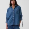Ultra Yumuşak Denim Oversized Büzgülü Kollu Gömlek