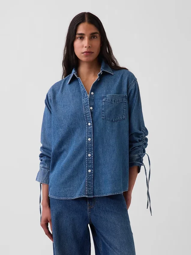 Ultra Yumuşak Denim Oversized Büzgülü Kollu Gömlek