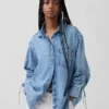 Ultra Yumuşak Denim Oversized Büzgülü Kollu Gömlek