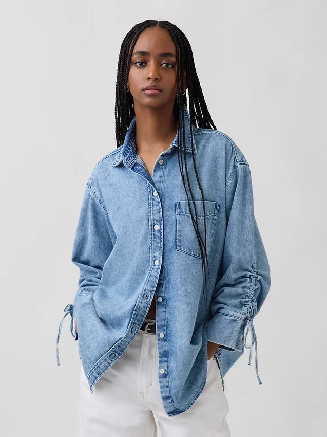 Ultra Yumuşak Denim Oversized Büzgülü Kollu Gömlek
