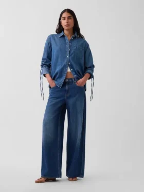 Ultra Yumuşak Denim Oversized Büzgülü Kollu Gömlek