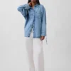 Ultra Yumuşak Denim Oversized Büzgülü Kollu Gömlek