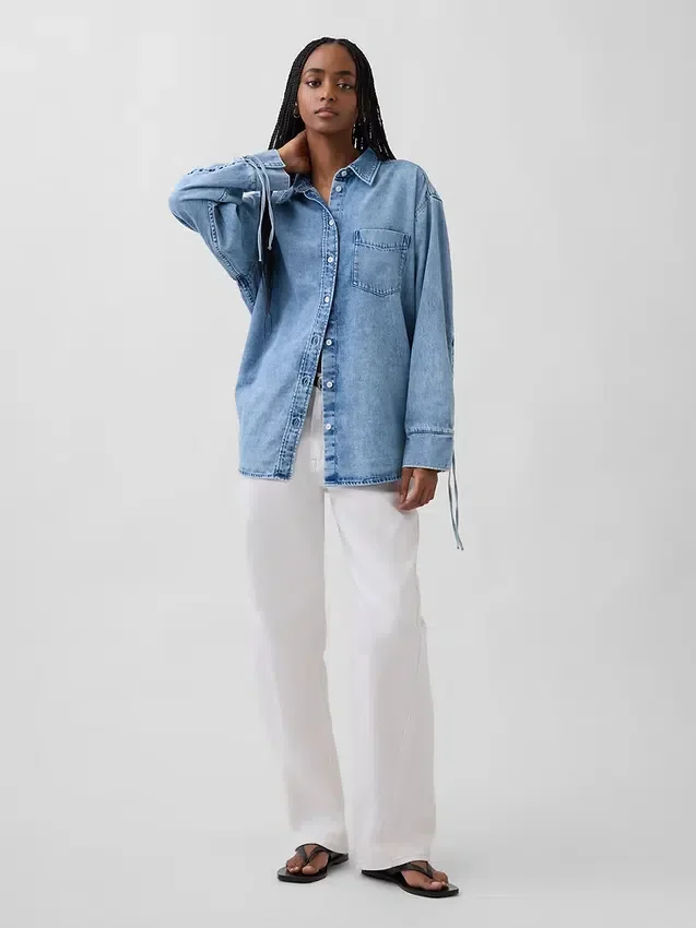 Ultra Yumuşak Denim Oversized Büzgülü Kollu Gömlek