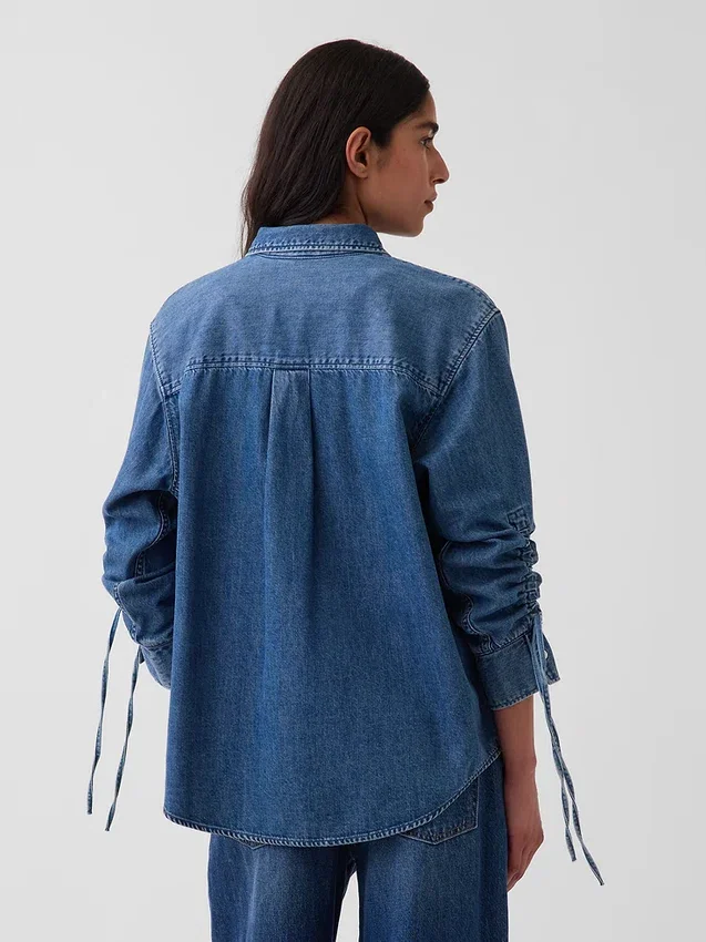 Ultra Yumuşak Denim Oversized Büzgülü Kollu Gömlek
