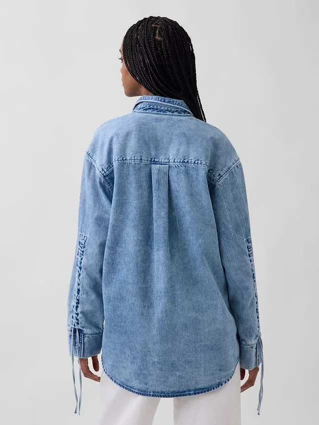 Ultra Yumuşak Denim Oversized Büzgülü Kollu Gömlek