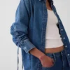 Ultra Yumuşak Denim Oversized Büzgülü Kollu Gömlek