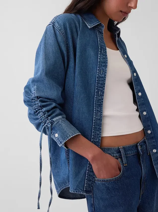 Ultra Yumuşak Denim Oversized Büzgülü Kollu Gömlek