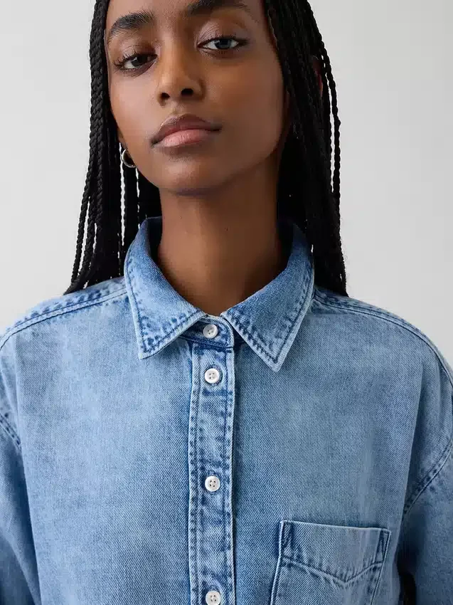 Ultra Yumuşak Denim Oversized Büzgülü Kollu Gömlek