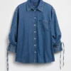 Ultra Yumuşak Denim Oversized Büzgülü Kollu Gömlek
