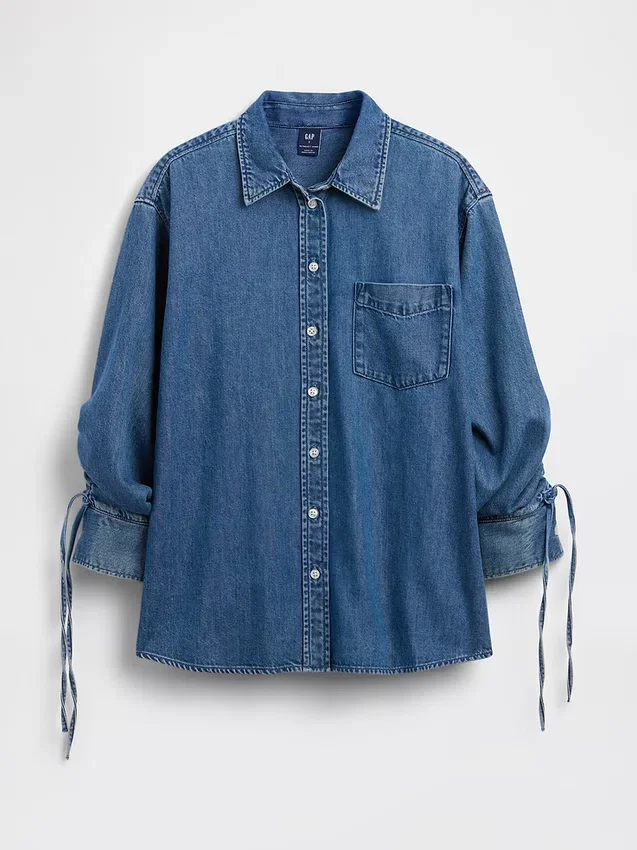 Ultra Yumuşak Denim Oversized Büzgülü Kollu Gömlek