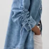 Ultra Yumuşak Denim Oversized Büzgülü Kollu Gömlek