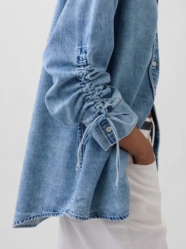 Ultra Yumuşak Denim Oversized Büzgülü Kollu Gömlek