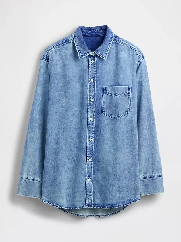 Ultra Yumuşak Denim Oversized Büzgülü Kollu Gömlek