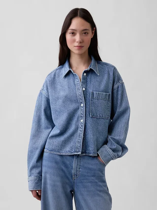 Ultra Yumuşak Denim Oversized Düz Etekli Kısa Gömlek
