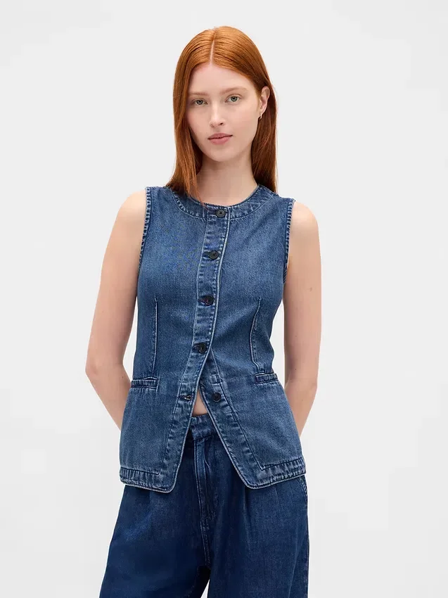 Ultra Yumuşak Denim Uzun Yelek