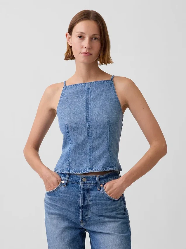 Ultra Yumuşak Dikişli Kare Yaka Denim Üst Giyim