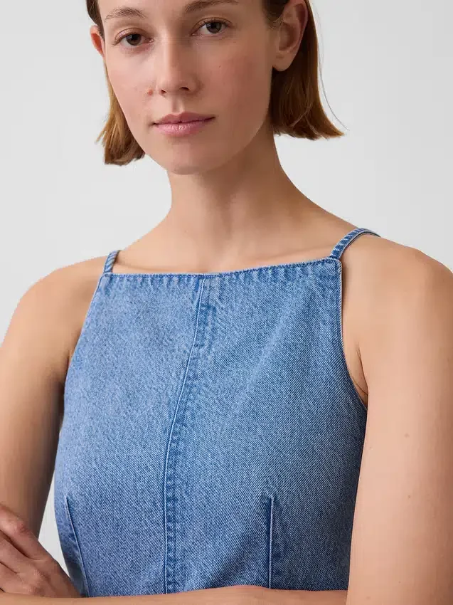 Ultra Yumuşak Dikişli Kare Yaka Denim Üst Giyim
