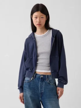 Vintagesoft Havlu Kumaş Oversized Kama Kesim Fermuarlı Kapüşonlu Sweatshirt