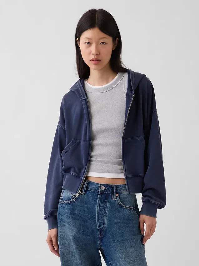 Vintagesoft Havlu Kumaş Oversized Kama Kesim Fermuarlı Kapüşonlu Sweatshirt