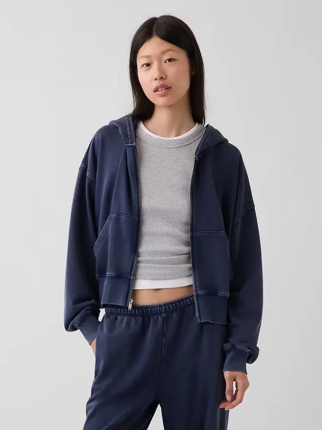 Vintagesoft Havlu Kumaş Oversized Kama Kesim Fermuarlı Kapüşonlu Sweatshirt