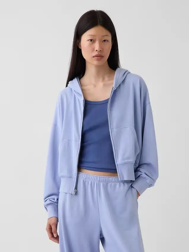 Vintagesoft Havlu Kumaş Oversized Kama Kesim Fermuarlı Kapüşonlu Sweatshirt