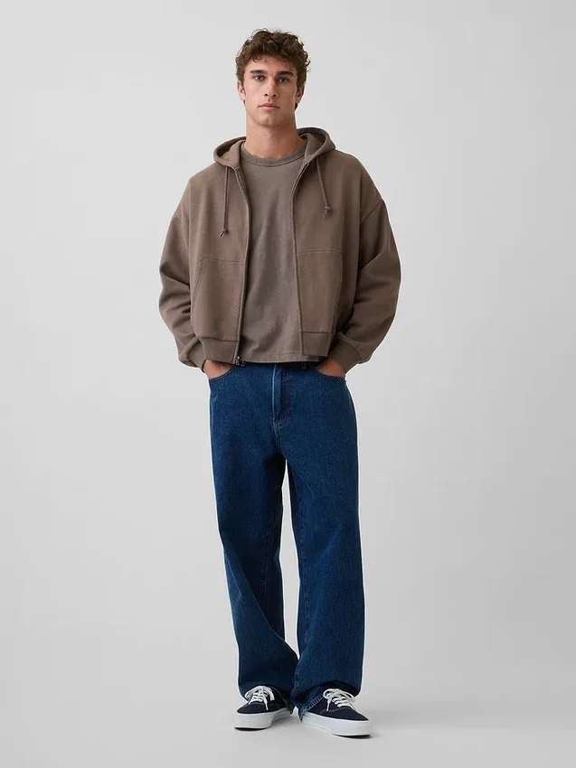 Vintagesoft Oversized Kısaltılmış Fermuarlı Kapüşonlu Sweatshirt