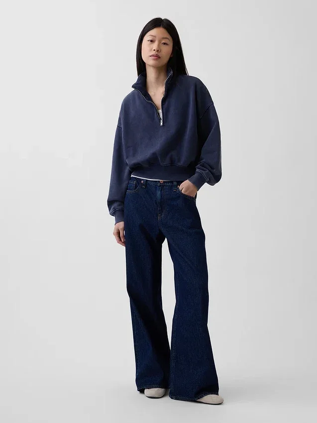 Vintagesoft Oversized Yarım Fermuarlı Kama Yaka Kazak