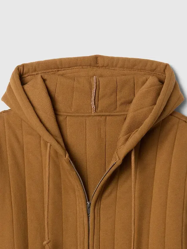 Waffle Astarlı Kapitone Fermuarlı Kapüşonlu Sweatshirt