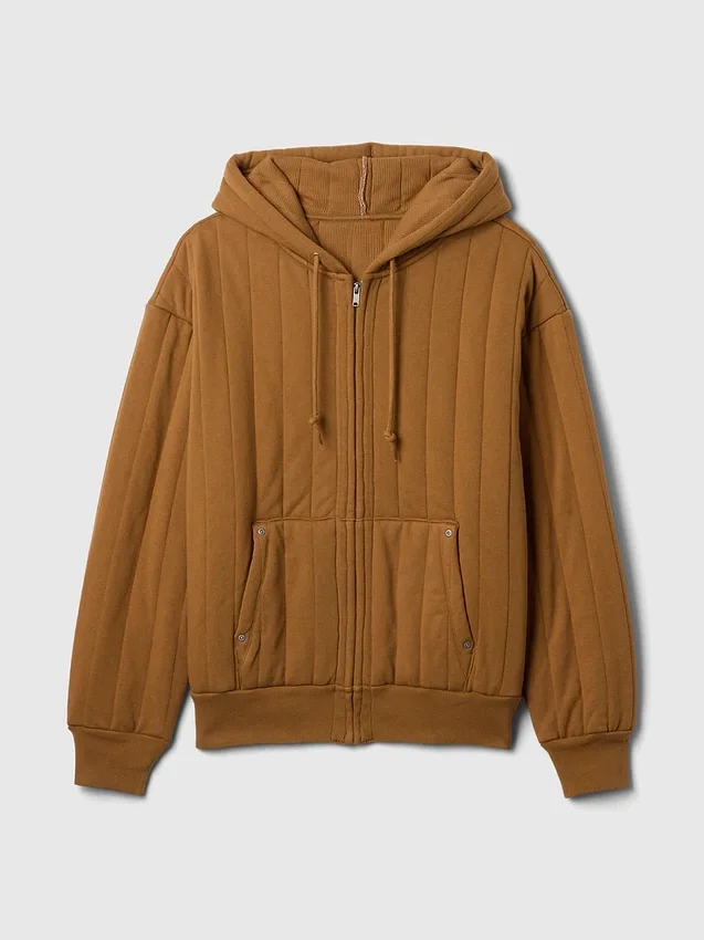 Waffle Astarlı Kapitone Fermuarlı Kapüşonlu Sweatshirt
