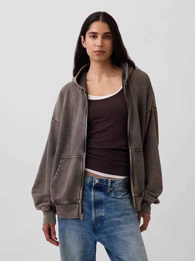 Yetişkinler İçin Ağır Kaliteli Oversized Fermuarlı Kapüşonlu Sweatshirt