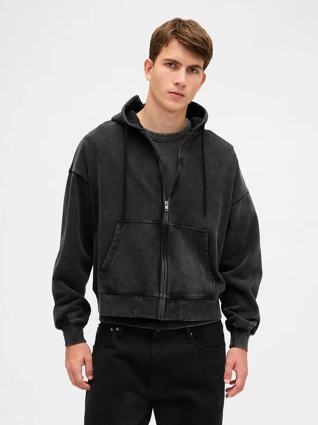 Yetişkinler İçin Ağır Kaliteli Oversized Kısa Fermuarlı Kapüşonlu Sweatshirt