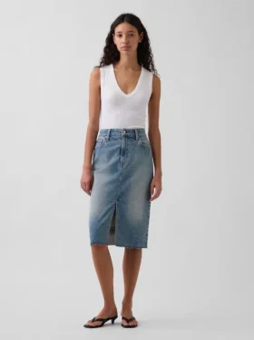 Yüksek Bel Denim Midi Kalem Etek