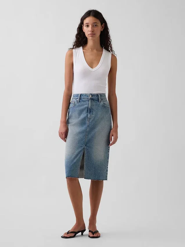 Yüksek Bel Denim Midi Kalem Etek