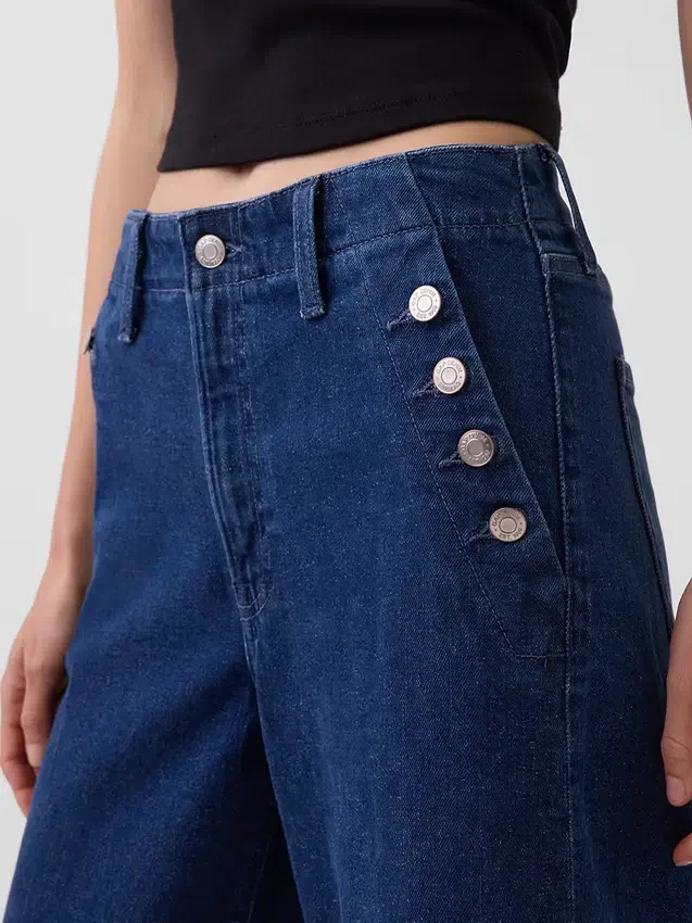 Yüksek Bel, Geniş Paça, Ayak Bileği Uzunluğunda Denizci Stili Jean