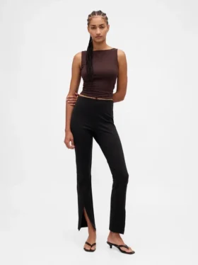 Yüksek Bel Çift Örme Yırtmaçlı Geniş Paça Pantolon