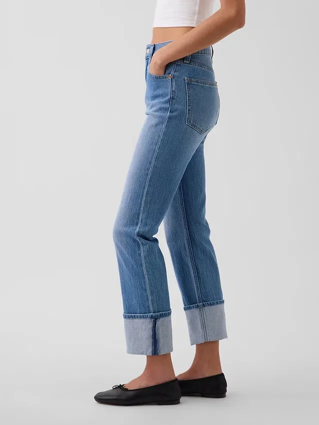 Yüksek Bel, Paça Katlamalı '90'lar Stilinde Dar Düz Kesim Jean