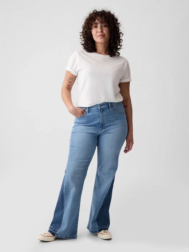 Yüksek Bel Yamalı '70'ler Stili Geniş Paça Jean'ler