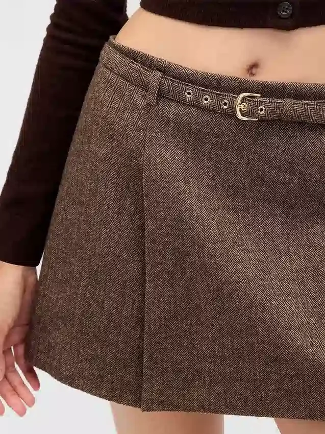 Yün Karışımlı Pileli Mini Etek-Şort