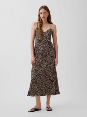 Zebra Desenli Midi Slip Elbise