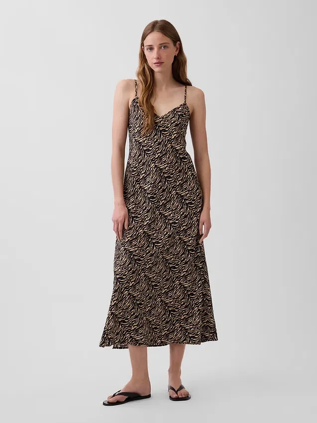 Zebra Desenli Midi Slip Elbise
