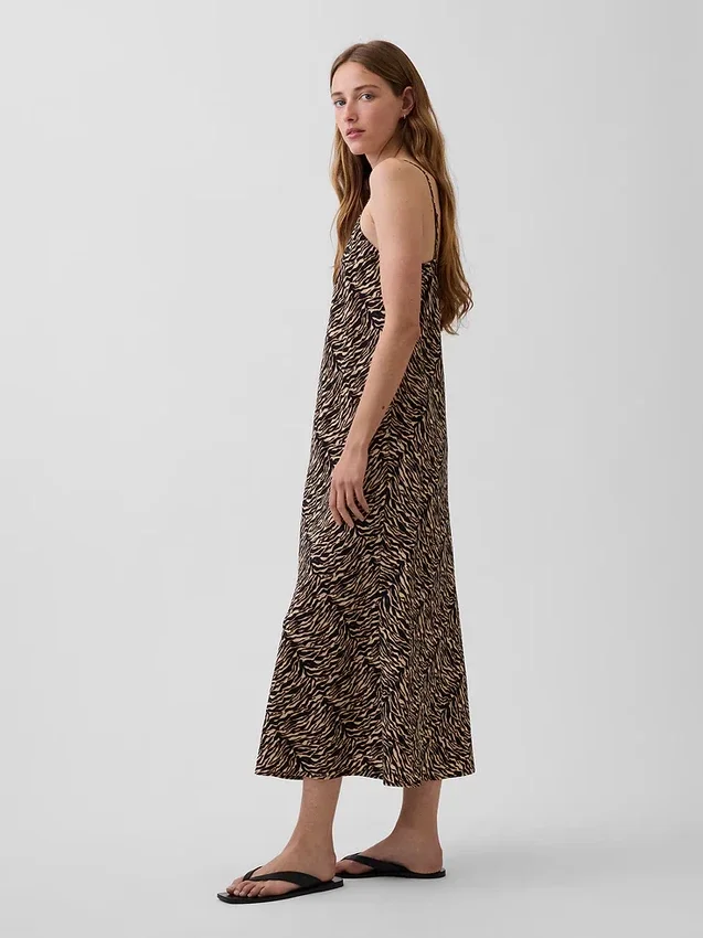 Zebra Desenli Midi Slip Elbise